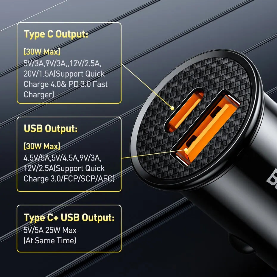 Baseus 30W USB-C Fast Car Charger | PD & Quick Charge 4.0